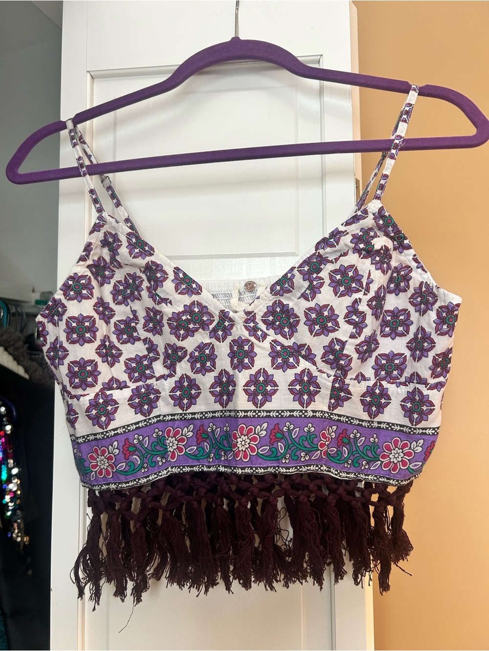 Free People FP One India Fringe Boho Bralette Crop Cami Top | Purple Multi | Med